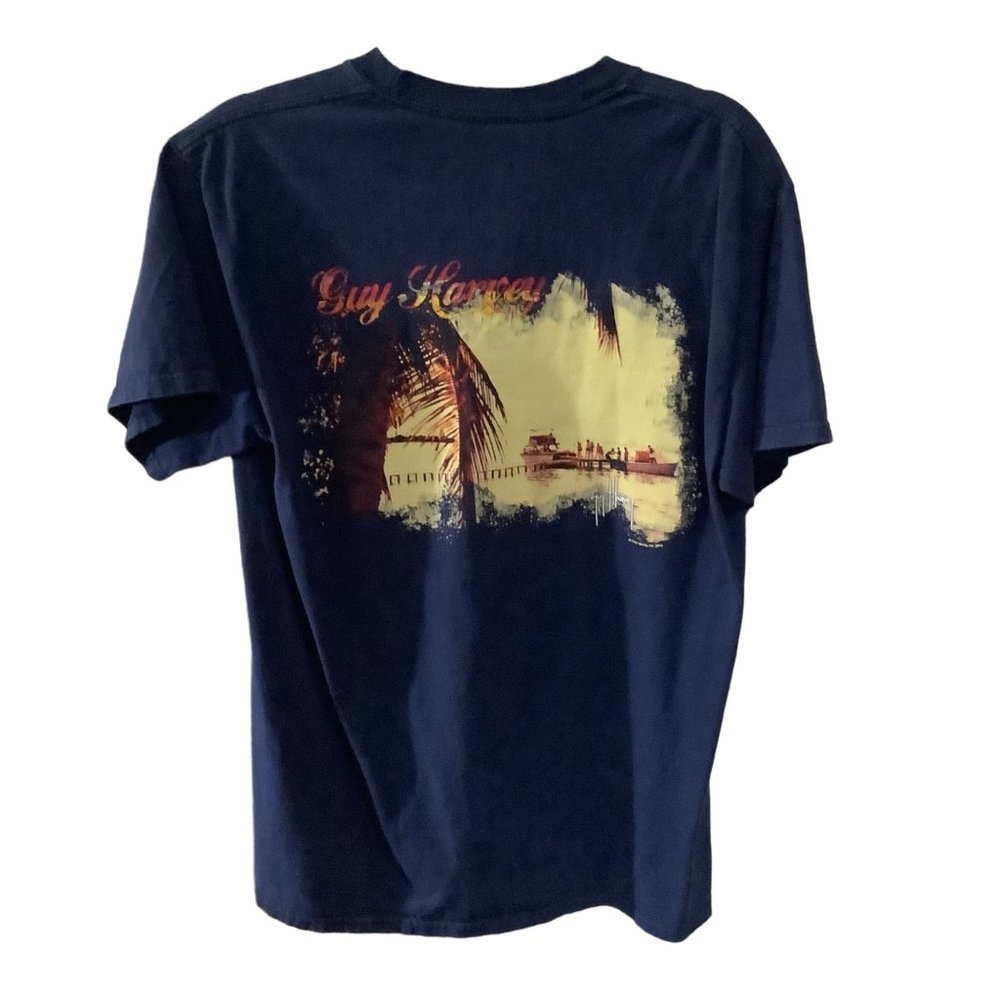 Guy Harvey Men Medium Original Blue Water BlueWater Palm Tree Fishing Boat Pier